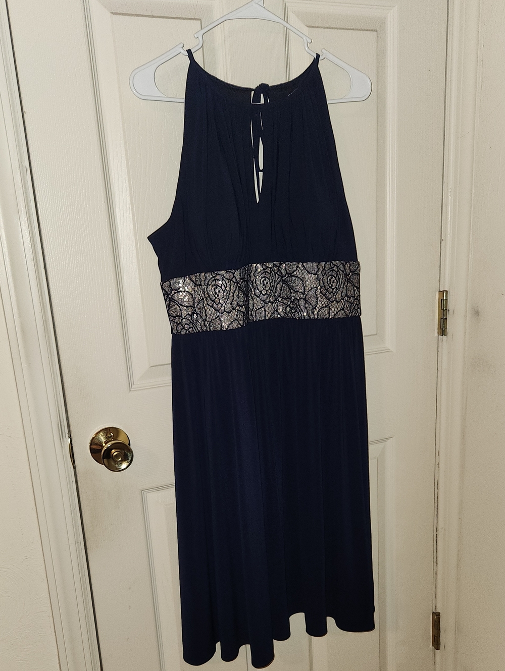 R&M Richards Navy Maxi Dress with Silver Lace Waistband
